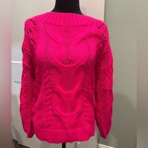 Kori America hot Pink Cable Knit Sweater balloon sleeves crew neck